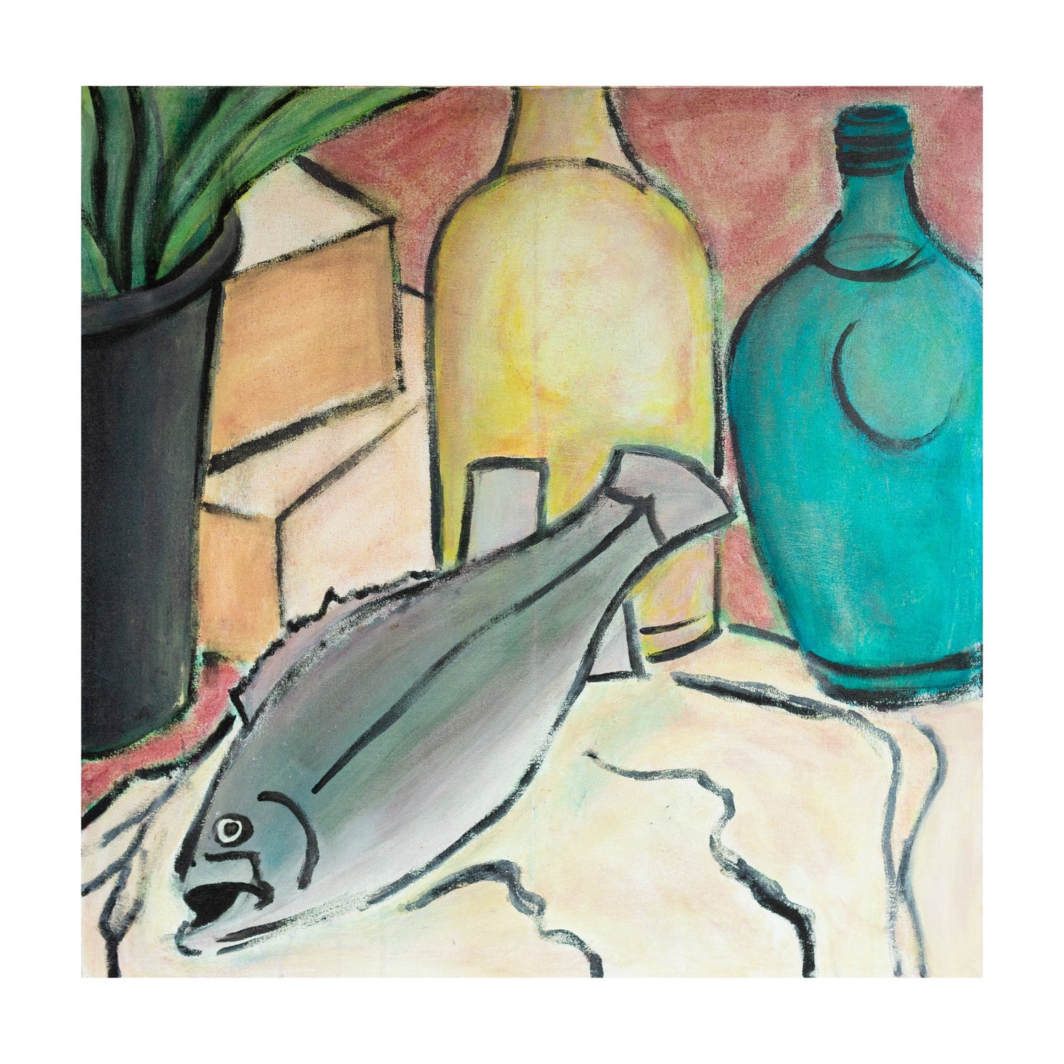 Fish + Wine, Oil on Stretched Canvas, Unframed