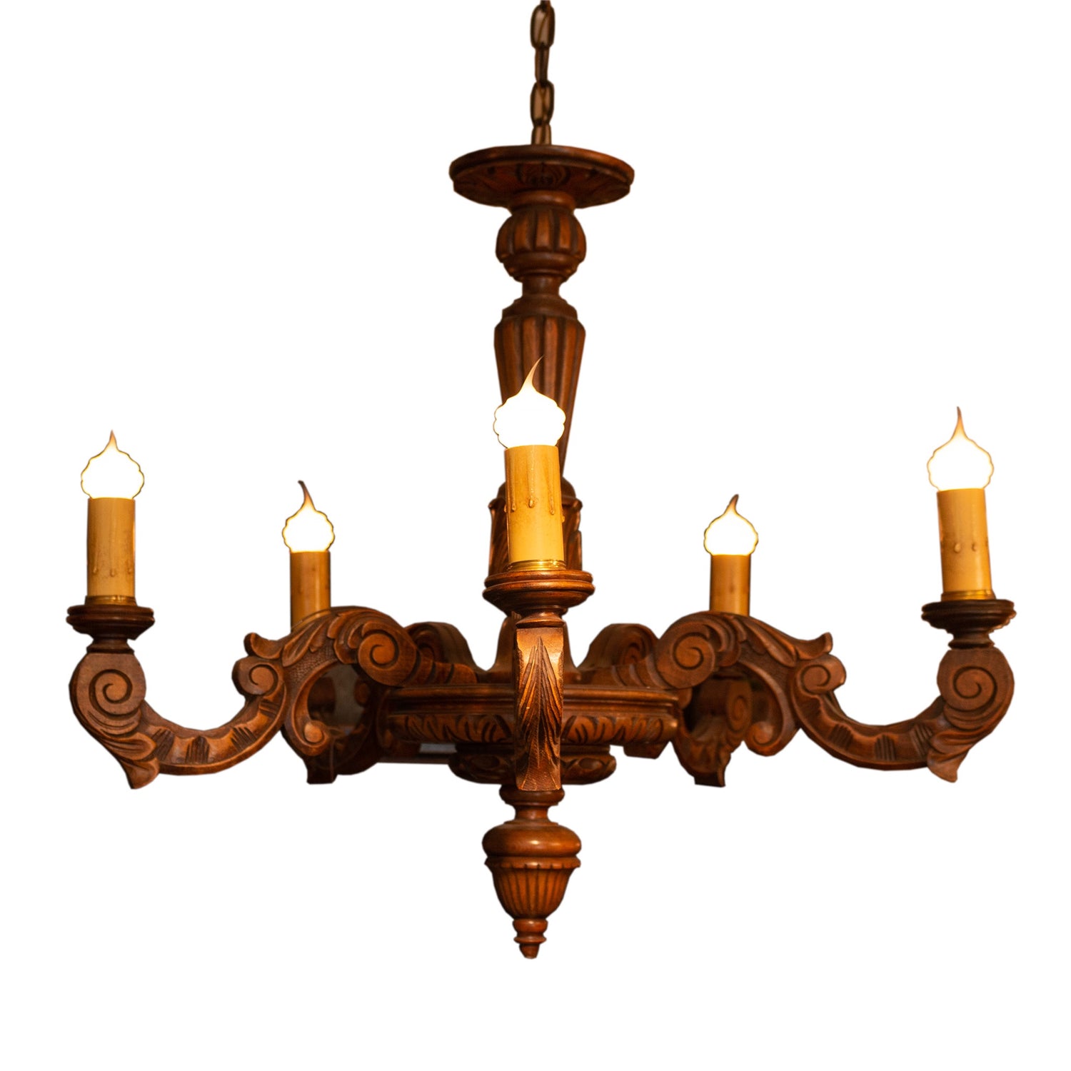 Vintage European Wood 5-Arm Chandelier
